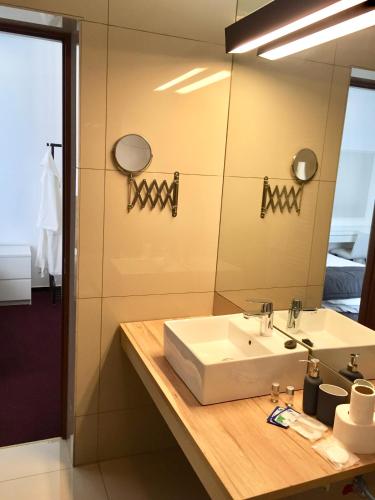 a bathroom with a white sink and a mirror at Casa Coquette Buzau in Buzău