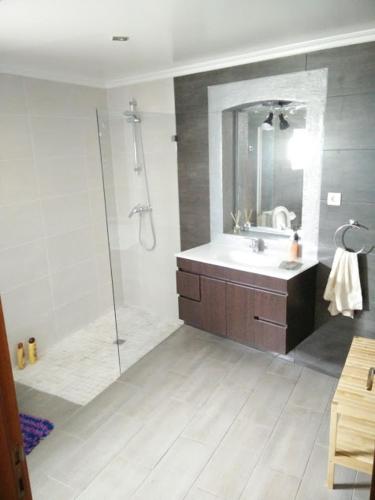 a bathroom with a shower and a sink and a mirror at Casa da Avó Arminda in Cantanhede