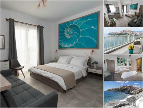 a bedroom with a bed and a couch and a painting at Olive House Apartments in Kavala