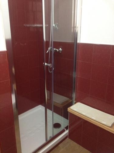 a shower in a bathroom with red tiles at B&B L'Assunta in Alessano