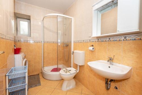 La salle de bains est pourvue de toilettes, d'un lavabo et d'une douche. dans l'établissement Apartmani Sršen, à Blace