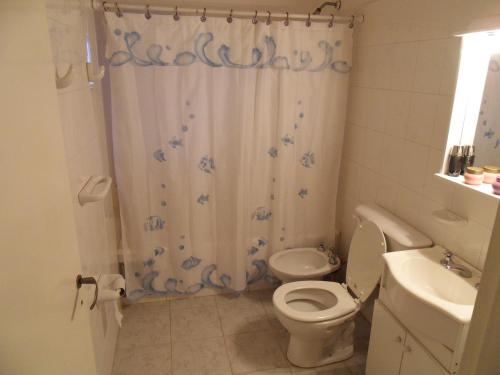 a bathroom with a toilet and a shower curtain at Complejo Marce in Ostende
