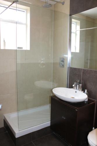 a bathroom with a sink and a glass shower at The Wimbledon Hotel in London