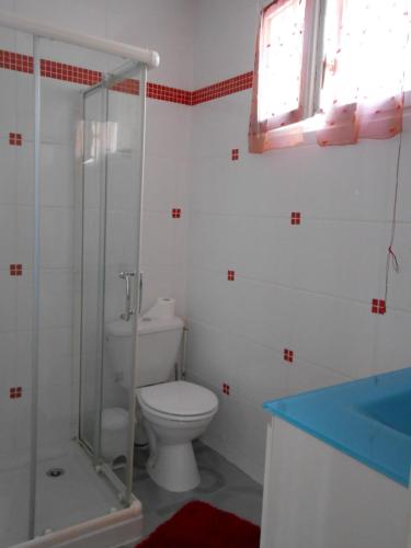 索特維爾魯昂的住宿－Gite A，一间带卫生间和玻璃淋浴间的浴室