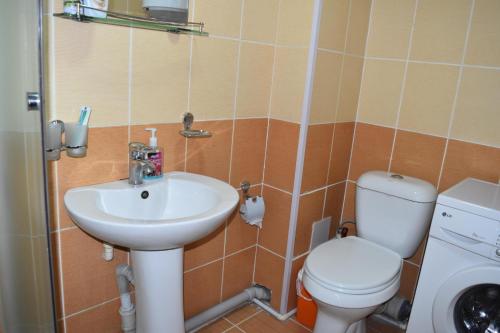 a small bathroom with a sink and a toilet at Golden Apartments in Khujand