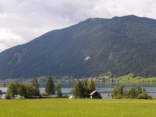 a mountain with a lake and a house in a field at Haus Birke in Weissensee