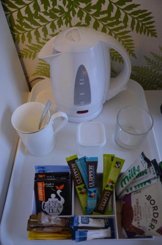 uma bancada com uma chaleira para chá e outros produtos alimentares em Audley Guest House em Llandudno