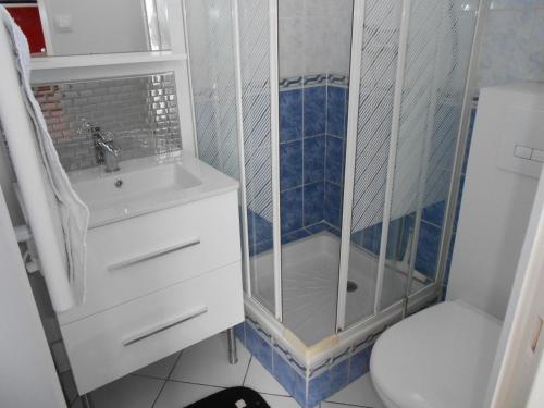 uma casa de banho com um chuveiro, um lavatório e um WC. em Gite C em Sotteville-lès-Rouen