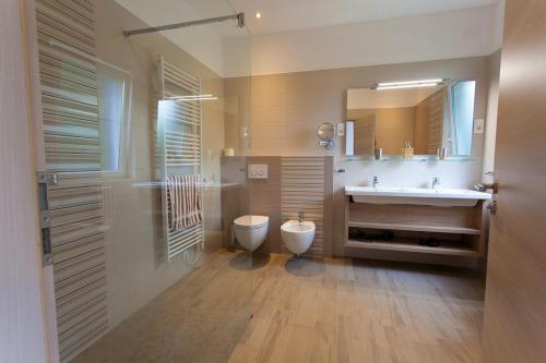 a bathroom with a toilet and a sink and a mirror at Villa Milohnici Florian in Milohnići