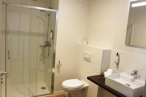 a bathroom with a shower and a toilet and a sink at La Maison d'Eugène Appart'Hôtel - Centre Historique in Honfleur