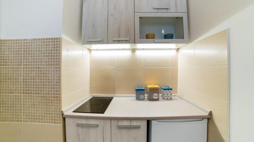 a small kitchen with a stove and a sink at Novel Inn in Belgrade
