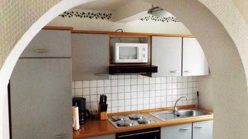 eine Küche mit einer Spüle und einer Mikrowelle in der Unterkunft Weingut Day in Zell an der Mosel