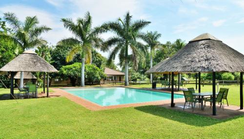 a pool with a table and chairs and umbrellas at Elephant Walk Retreat in Komatipoort