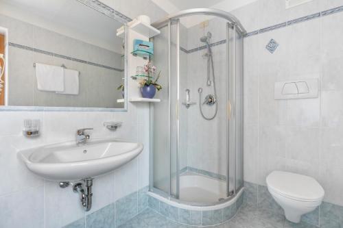 a bathroom with a shower and a sink and a toilet at Hotel Resa Blancia in San Vigilio Di Marebbe