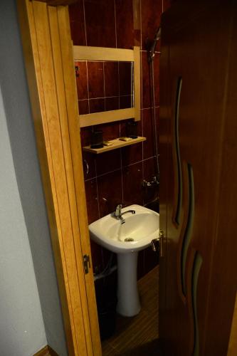 a bathroom with a sink and a mirror and a white sink at Daeli Hotel in Mestia