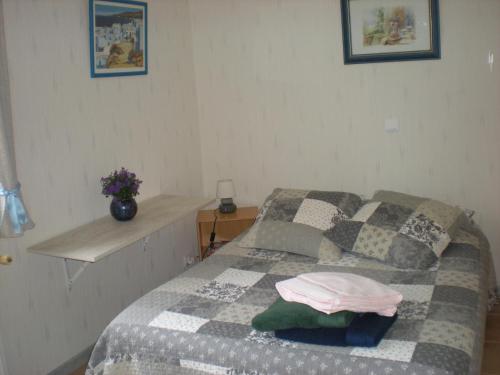 um quarto com uma cama com um cobertor xadrez em Chez Annick em Guérande