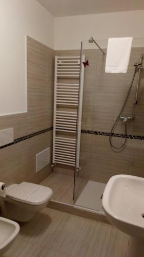 a bathroom with a shower and a toilet and a sink at La Rocchetta in Valeggio sul Mincio