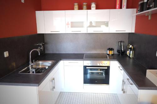 een keuken met witte kasten en een wastafel bij Apartment von Betzenstein in Markkleeberg