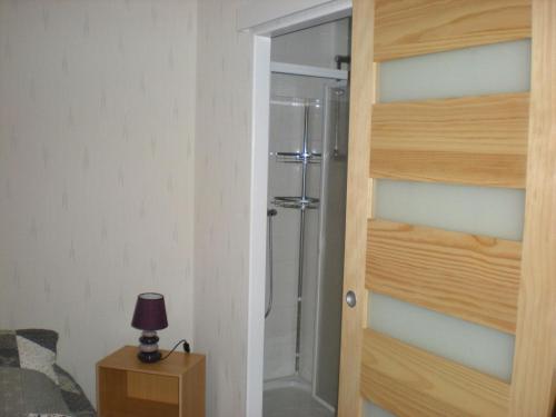 a bathroom with a shower and a glass door at Chez Annick in Guérande