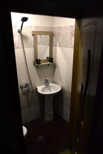 a small bathroom with a sink and a shower at Daeli Hotel in Mestia