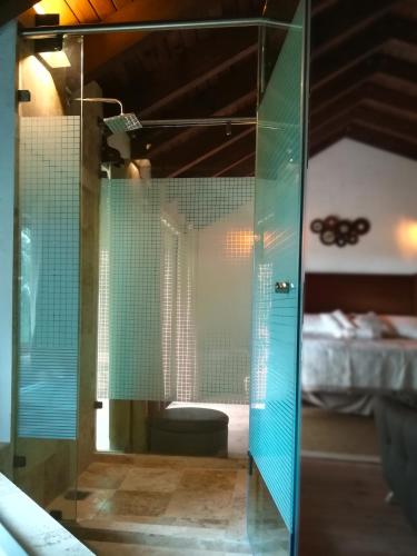 a glass shower in a bathroom with a bed at La Mora Casa de Campo in Huasca de Ocampo
