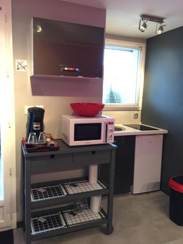 a kitchen with a microwave and a bowl on a table at Au Studi'Ô in Saint-Bonnet-en-Champsaur