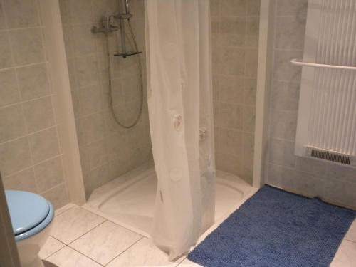 La salle de bains est pourvue d'une douche, de toilettes et d'un tapis bleu. dans l'établissement Ecrin de verdure sur Le Lavandou - Classement Tourisme 3 Etoiles, au Lavandou