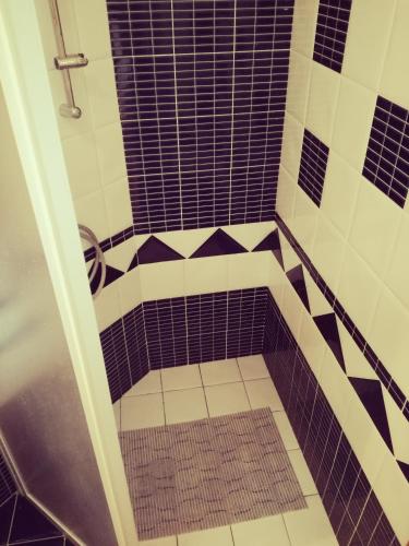 a bathroom with a shower with blue and white tiles at Room Kris with private entrance & private bathroom in Umag