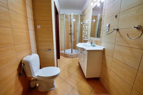 a bathroom with a toilet and a shower and a sink at Pensjonat pod Kasztanem in Ełk