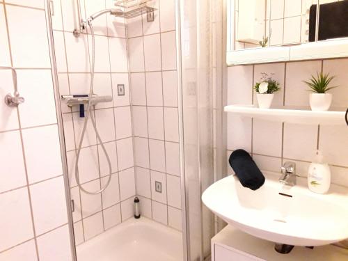 アルテンアウにあるZobel Ferienwohnungenの白いバスルーム(シャワー、シンク付)