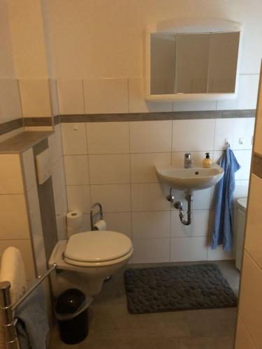 a small bathroom with a toilet and a sink at Ferienwohnung Anke - Apartement 1 in Hückelhoven
