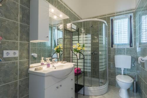 un bagno con lavandino, doccia e WC di Apartment Tomislav a Vir (Puntadura)