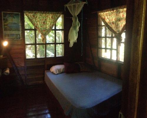 a room with a bed in a room with windows at Beverly's Hill Guest House in Bocas del Toro