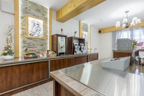 a large kitchen with a counter top and a counter top at Ośrodek Wypoczynkowy Borowy in Biały Dunajec