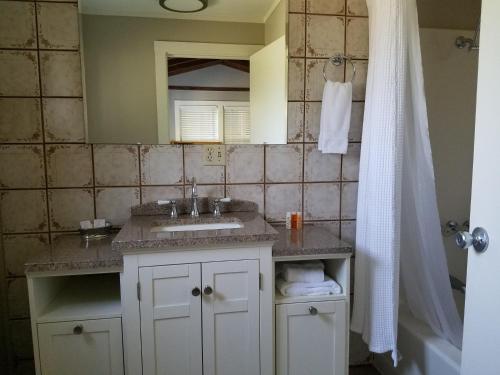 a bathroom with a sink and a mirror at China Creek Cottages in Willow Creek