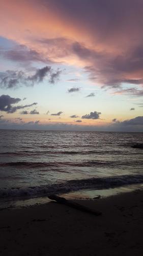 a sunset on the beach with the ocean at Hostel Beach House in Rincón