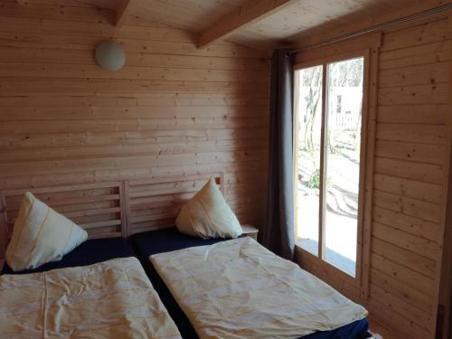 2 camas en una cabaña de madera con ventana en Ferienparadies Waldidylle, Familiengeführt seit 20 Jahren - mit großem Pool und viel Platz!, en Haida