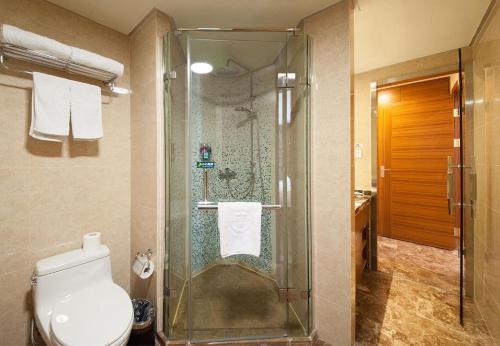 une salle de bain avec douche et toilettes dans l'établissement GreenTree Inn Jiangsu Nantong Haimen Sanchang North Wangjiang Road Business Hotel, à Haimen
