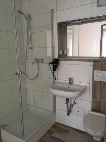 a bathroom with a sink and a shower at Nordwaldfarm in Waidhofen an der Thaya