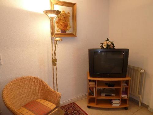 ein Wohnzimmer mit einem TV und einer Lampe in der Unterkunft Grenzhof, Elisabethwohnung in Westerland
