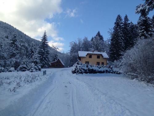 a snow covered road with a house and trees at Chata Janet in Martin