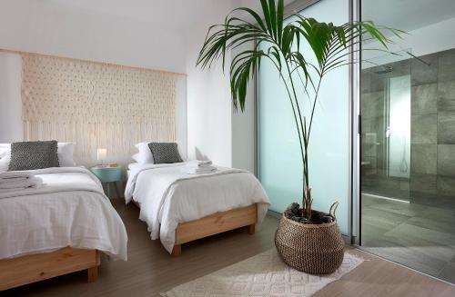 Llit o llits en una habitació de Minimalist Mediterranean Blue key Villa with Sea View & Infinity Heated Pool