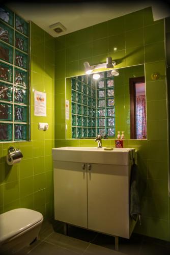 a green bathroom with a sink and a toilet at Alojamientos Sueños de Ronda in Ronda