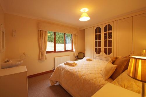 a bedroom with a bed and a sink and a window at Cysgod y Coed in Dolgellau