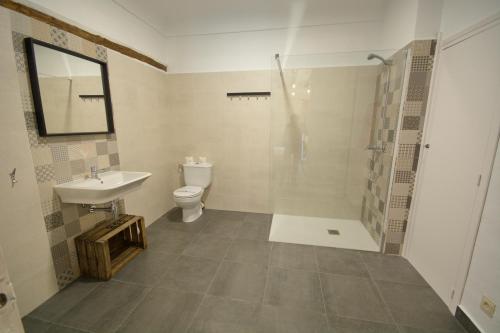 a bathroom with a toilet and a sink and a shower at Pension Casa Pinilla in Cascante