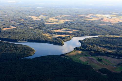 an aerial view of a river with trees at Agroturystyka Pod Pstrągiem in Lipnica