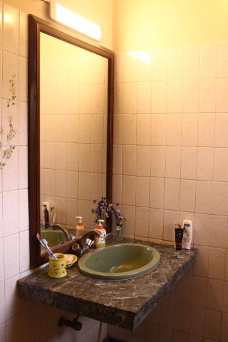 W łazience znajduje się zielona umywalka i lustro. w obiekcie Savrupson Heritage Home w mieście Dźalandhar
