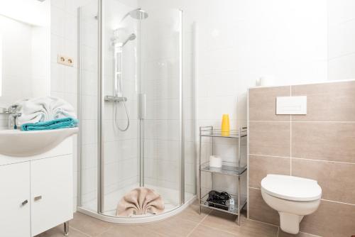 a bathroom with a shower and a toilet and a sink at Gasthof Pension Rabl in Völkermarkt