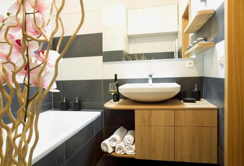 W łazience znajduje się umywalka i wanna. w obiekcie Brunetti Design Apartment w Pradze