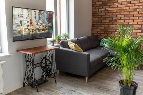 - un salon avec un canapé et une télévision murale dans l'établissement Boho Apartment, à Toruń
